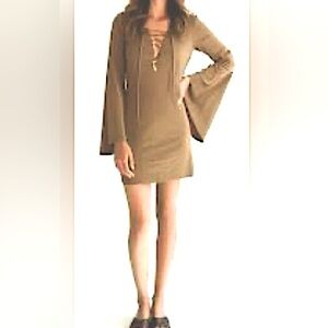 Tan Microsuede Tunic/Dress w/ dramatic long sleeves from Elizabeth Ryan- Size S